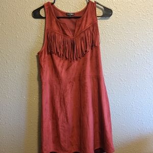 Express maroon suede like fringe dress
